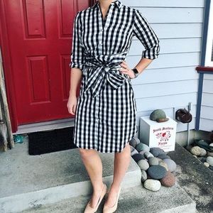 Black and white check shirt dress with sash